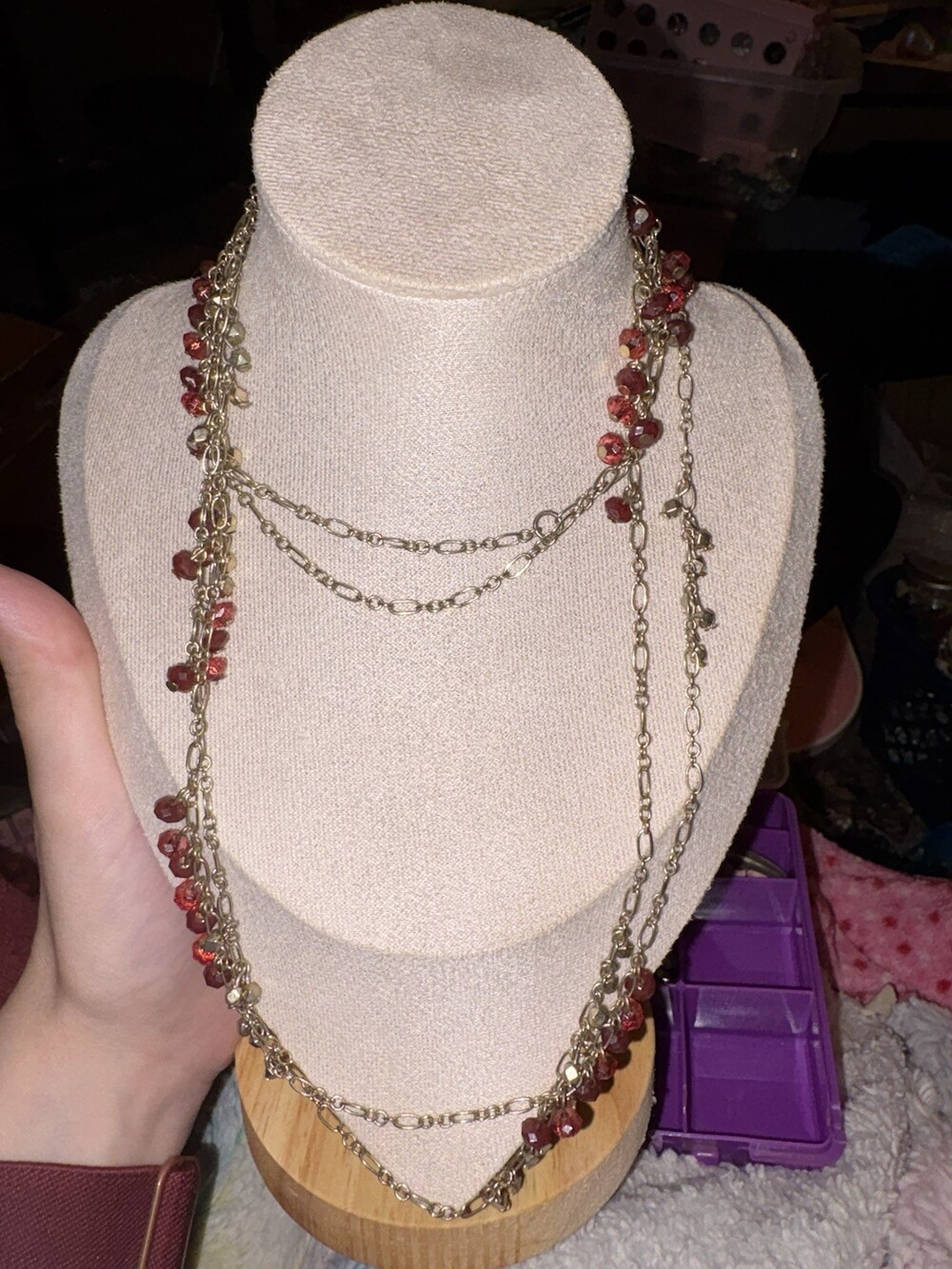 Long Gold-Tone Layered Chain Necklace Red Champagne Faceted Bead Fringe
